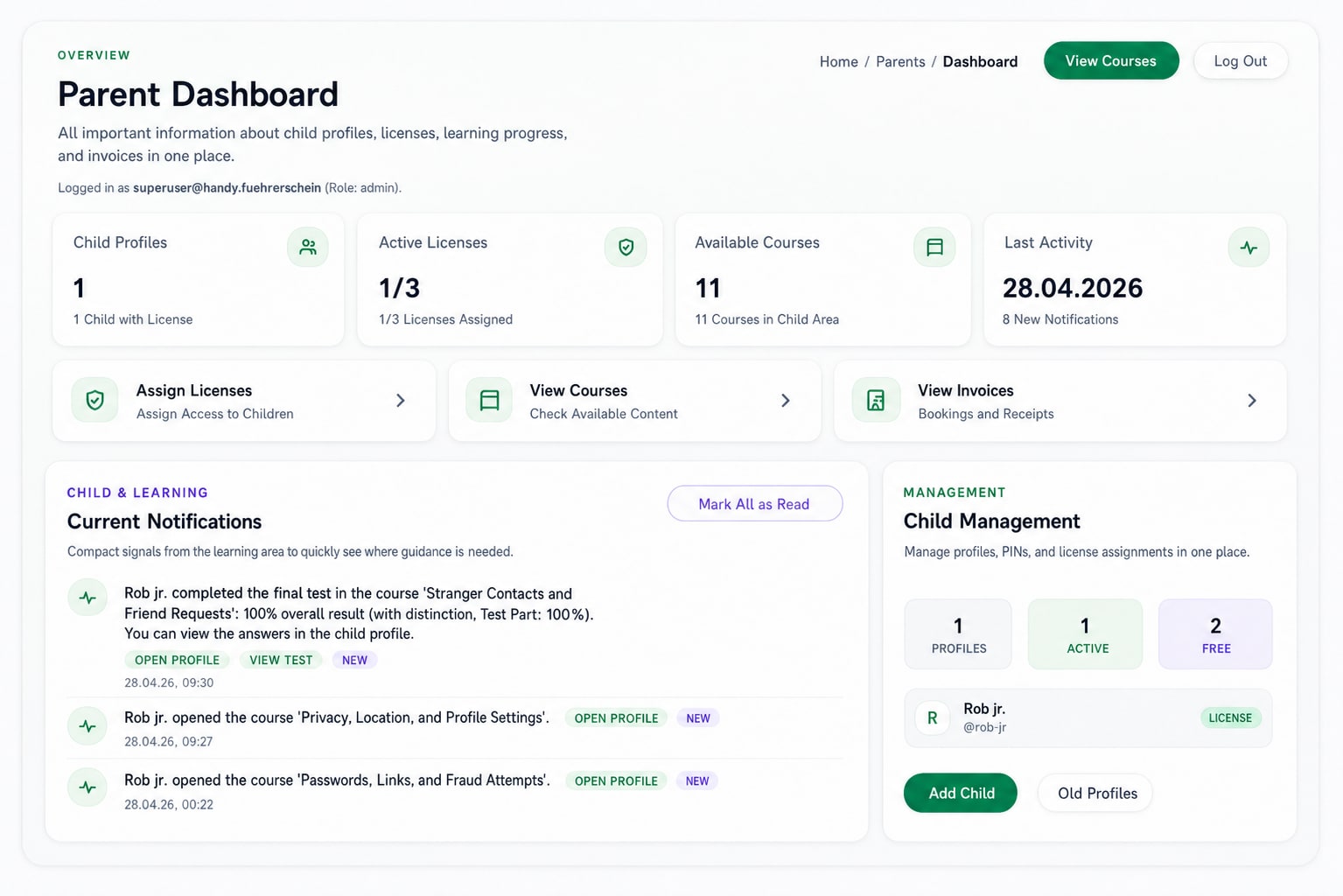 Vorschau des Eltern-Dashboards