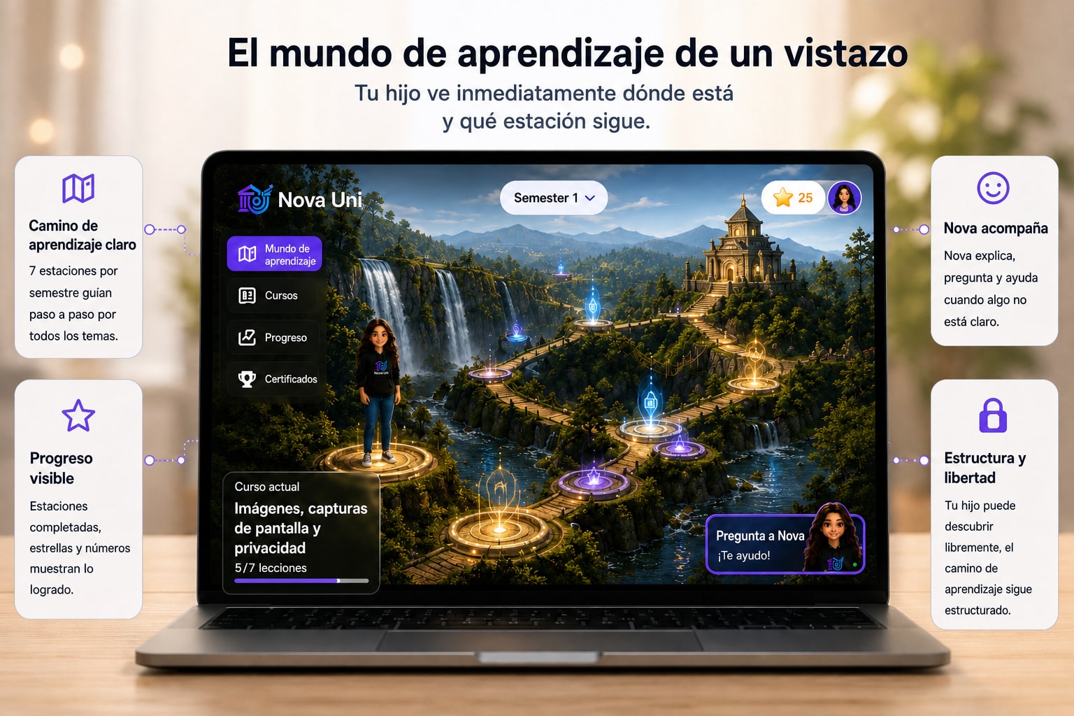 El mundo de aprendizaje de un vistazo: camino claro, progreso visible, Nova acompaña