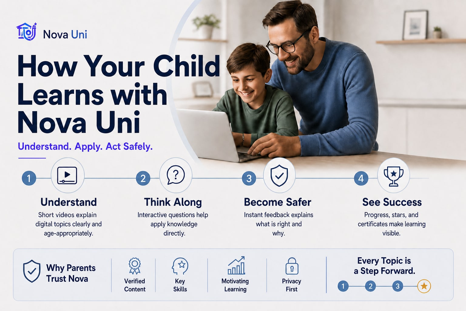 How your child learns: short videos, questions, clear feedback, and a final test with certificate