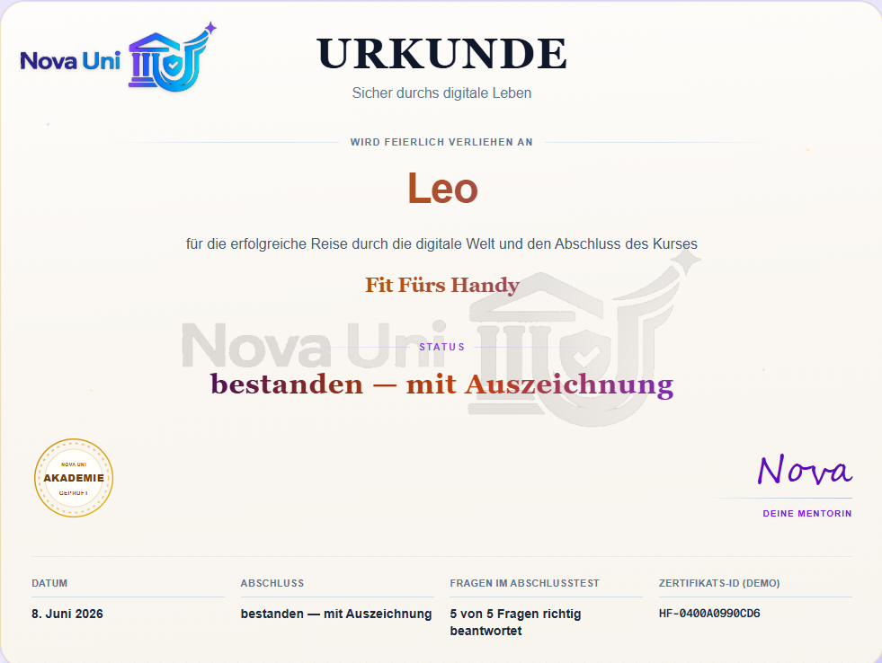 Zertifikat als sichtbarer Lernabschluss nach bestandenem Kurs