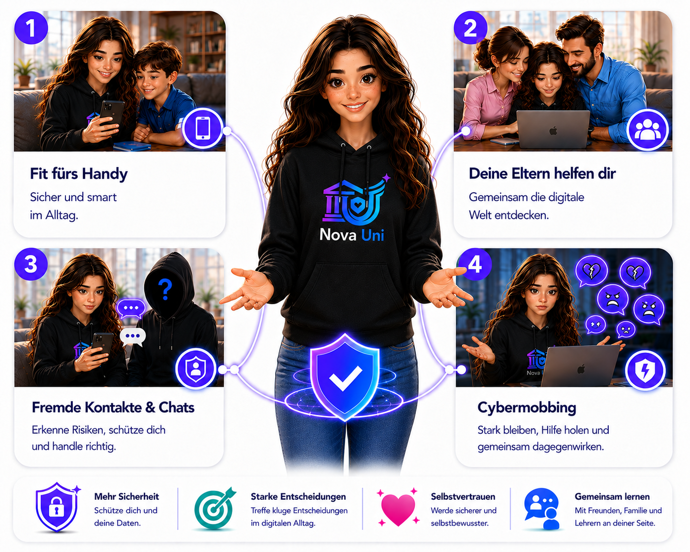 Illustration zu digitalen Alltagssituationen wie Gruppenchats, Online-Spielen, Privatsphäre und Hilfe holen